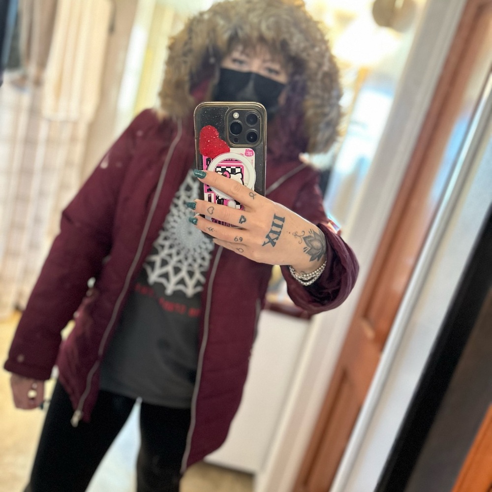 Maroon Outerwear Puffer jacket with Fur Trim